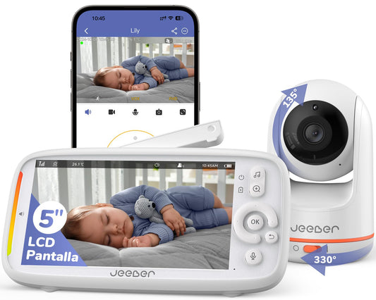 Cámara Bebé 5" – Rotación 360°, Visión Nocturna, Detección de Llanto