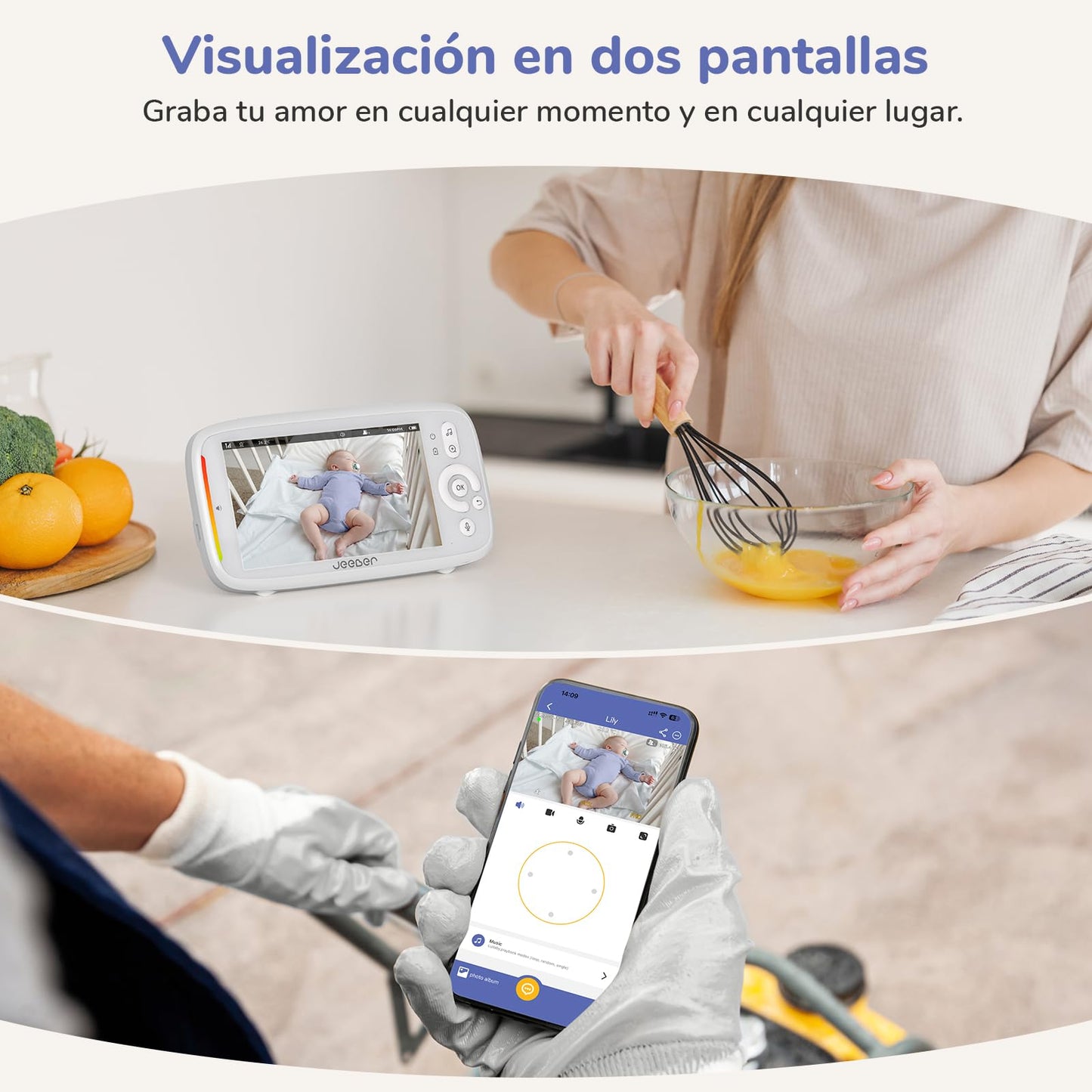 Cámara Bebé 5" – Rotación 360°, Visión Nocturna, Detección de Llanto